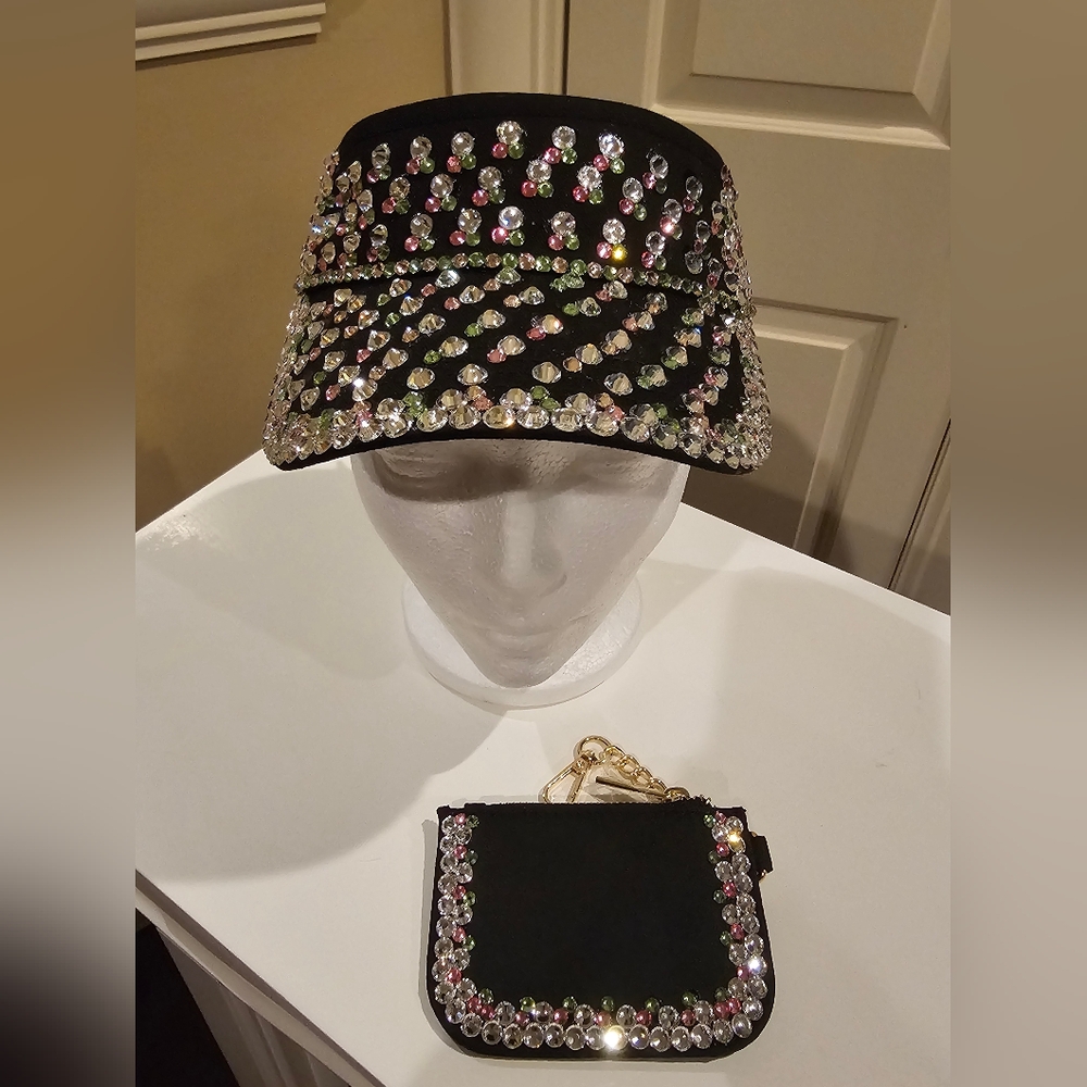 Elegant Black Rhinestone Sun Visor and Pouch Set